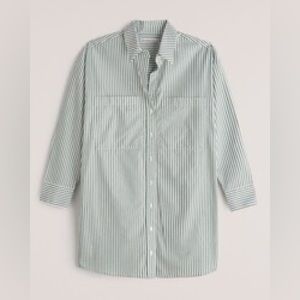 Abercrombie Relaxed Poplin Shirt Dress in Green Stripe